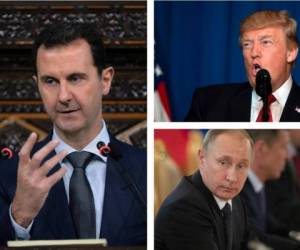 El presidente sirio Bashar Assad, el presidente de los Estados Unidos, Donald Trump, y el presidente de Rusia, Vladimir Putin.