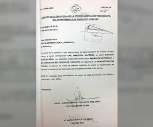 Orden de captura internacional emitida por el Juzgado de Letras Penal de Tegucigalpa contra el exministro Enrique Flores Lanza.