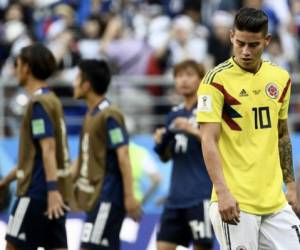 TOPSHOT - Colombia's midfielder James Rodriguez reacts at the end of the Russia 2018 World Cup Group H football match between Colombia and Japan at the Mordovia Arena in Saransk on June 19, 2018. / AFP PHOTO / Filippo MONTEFORTE / RESTRICTED TO EDITORIAL