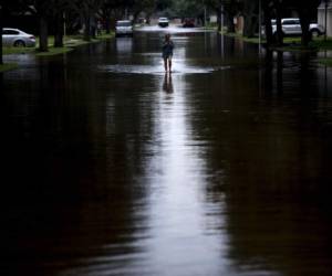 Una mujer transita por un camino inundado durante las secuelas del huracán Harvey el 30 de agosto de 2017 en Houston, Texas. La tormenta Monster Harvey volvió a tocar tierra el miércoles en Louisiana, evocando dolorosos recuerdos de la huracán mortal del huracán Katrina hace 12 años, mientras el tiempo se agotaba en Texas para encontrar sobrevivientes en las inundaciones. / AFP / Brendan Smialowski