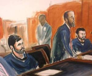 Un boceto muestra a los familiares del presidente venezolano Nicolás Maduro, Efraín Antonio Campos Flores y Francisco Flores de Freitas en un tribunal de Nueva York el 17 de diciembre del 2015. Crédito: AP.