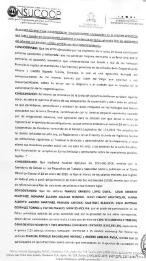 La resolución SCACR-06/2016 establece que directivos de la cooperativa no desvirtuaron totalmente los cargos.