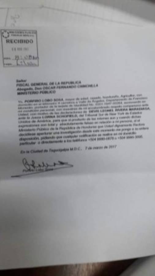 Esta es la misiva enviada por Porfirio Lobo Sosa al fiscal general Oscar Chinchilla con respecto a las declaraciones de Devis Leonel Rivera Maradiaga.