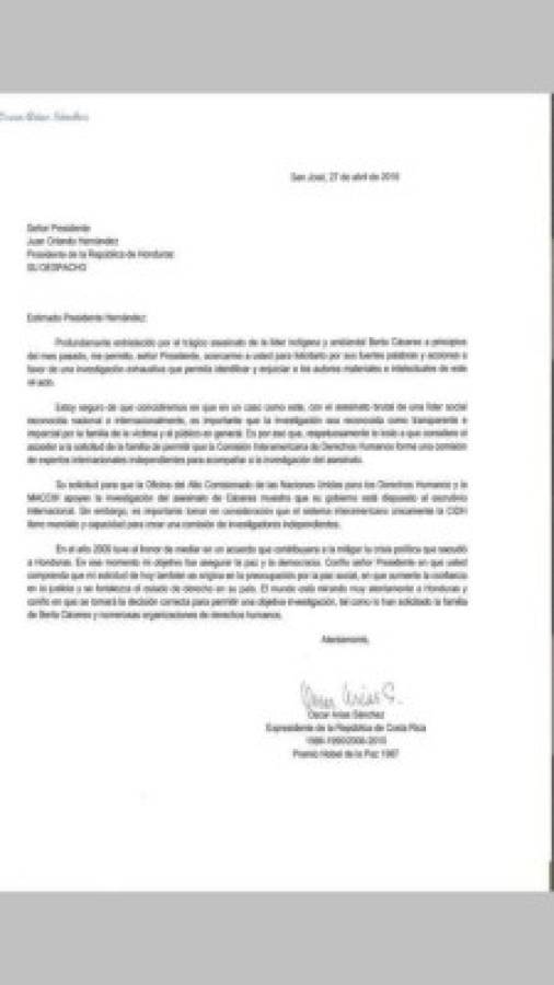 Óscar Arias pide investigación independiente por la muerte de Berta Cáceres