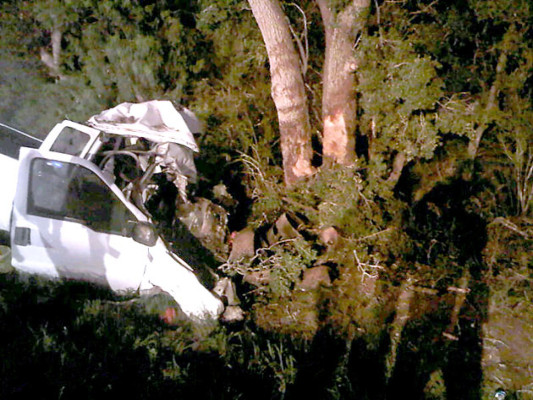 In a photo provided by the Texas Department of Public Safety the wreckage of a pickup truck is seen after it crahed into trees In Goliad County Texas Sunday July 22, 2012. The single vehicle crash in rural South Texas killed at least 11 people and injured 12 others, all passengers in the truck. (AP Photo/Texas Department of Public Safety)