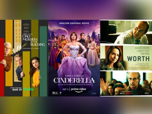 En esta combinación de fotos, el arte promocional de la serie de Hulu 'Only Murders in the Building', que se estrena el 31 de agosto; la película original de Amazon 'Cinderella', que debuta el 3 de septiembre; y la película de Netflix 'Worth', que también llega el 3 de septiembre. Foto: AP