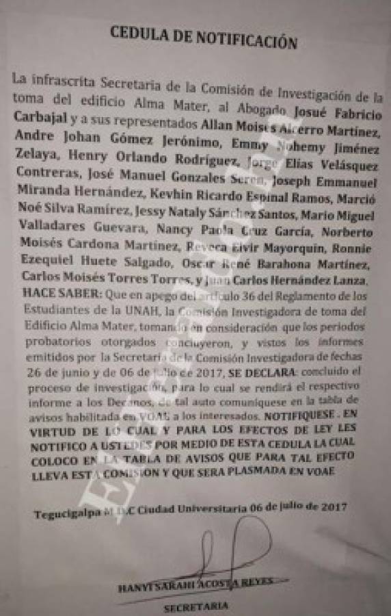 La Universidad Nacional Autónoma de Honduras (UNAH) suspende a 19 estudiantes durante cinco años