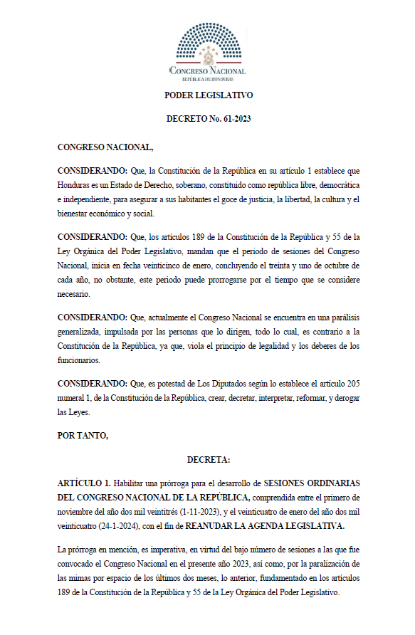 El decreto que prorroga las sesiones en el Congreso Nacional de Honduras