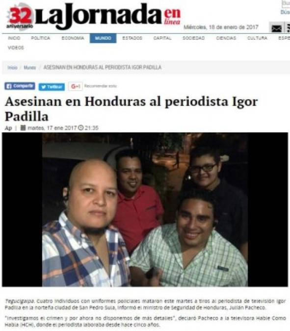 Medios internacionales destacan crimen contra el periodista hondureño Igor Padilla de HCH