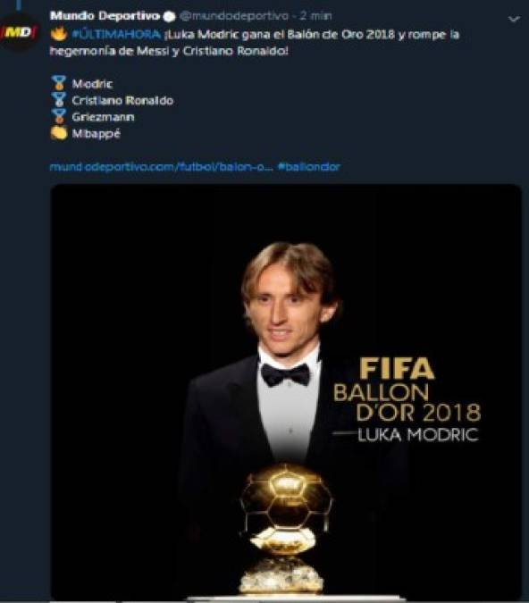 Reacciones en Twitter tras el nombramiento de Luka Modric como Balón de Oro