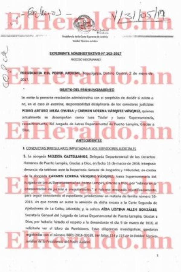 El expediente administrativo 163-2017 de la Inspectoría General de Tribunales indica cada uno de los supuestos abusos cometidos por el juez Pedro Mejía, de Gracias a Dios.