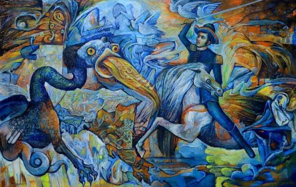 Su lucha (1992) Obra del maestro de la plástica Benigno Gómez, que ilustra la lucha de Francisco Morazán ante los enemigos de la Federación Centroamericana, representados como demonios.