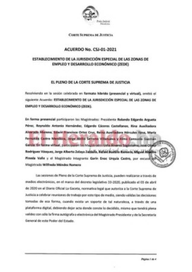 El acuerdo de creación de la jurisdicción de las ZEDE fue aprobado por mayoría de votos de los magistrados. Foto: El Heraldo