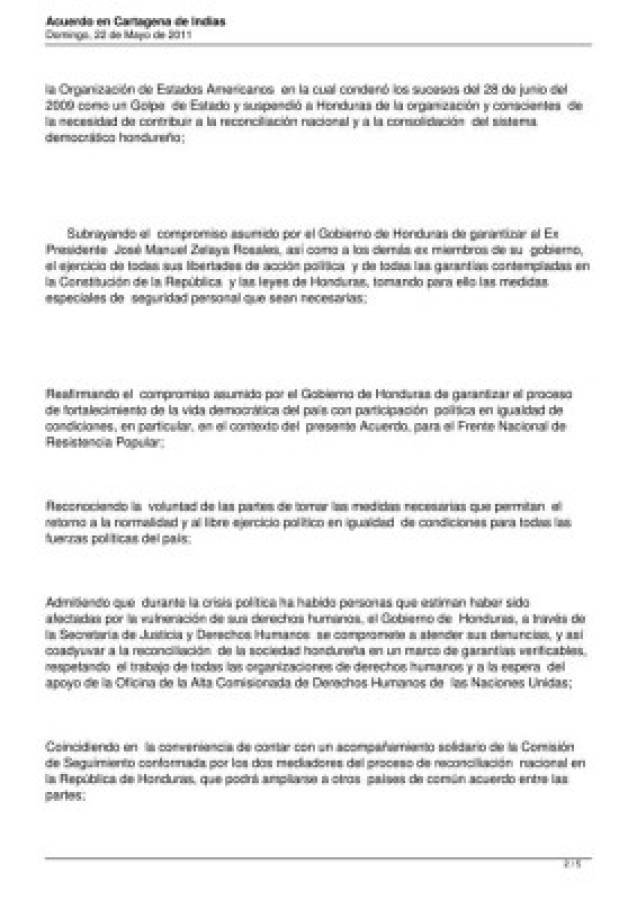 Acuerdo de Cartagena abolió acusaciones contra expresidente Manuel Zelaya