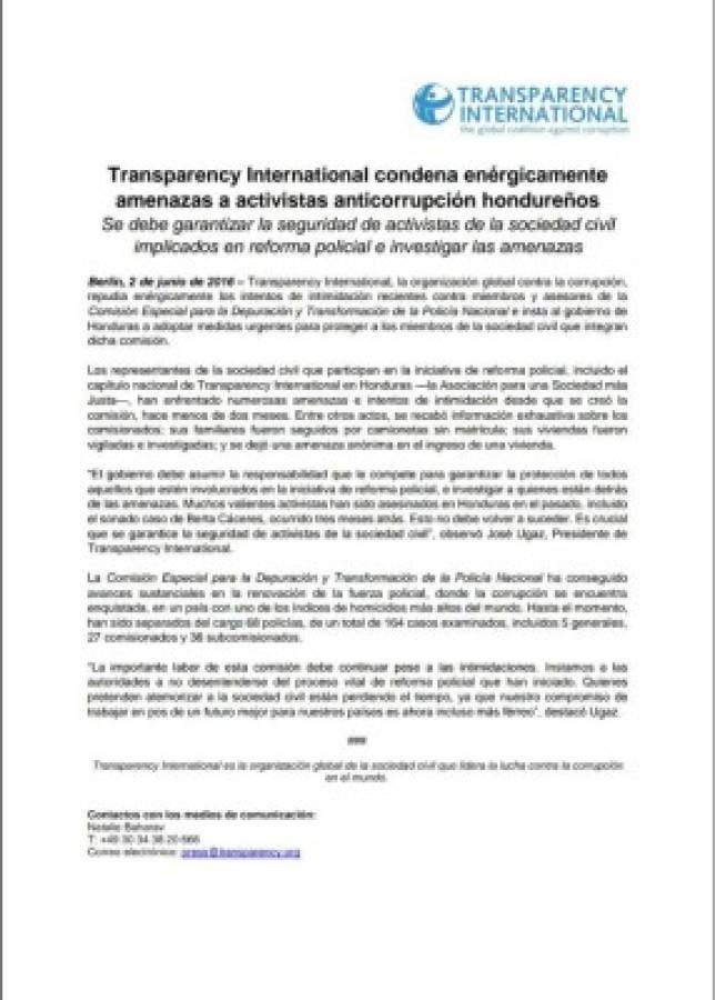 Transparencia Internacional repudia amenazas contra comisión depuradora