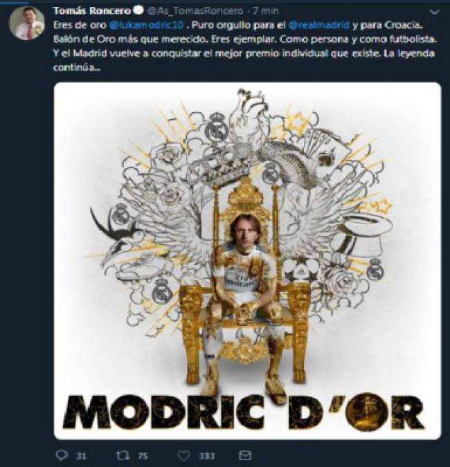 Reacciones en Twitter tras el nombramiento de Luka Modric como Balón de Oro