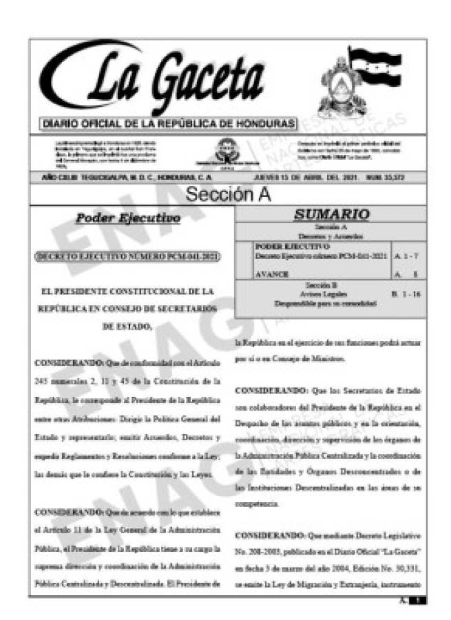 El decreto ejecutivo PCM-041-2021 fue publicado recientemente en el diario oficial La Gaceta, por lo que ya cobró vigencia.