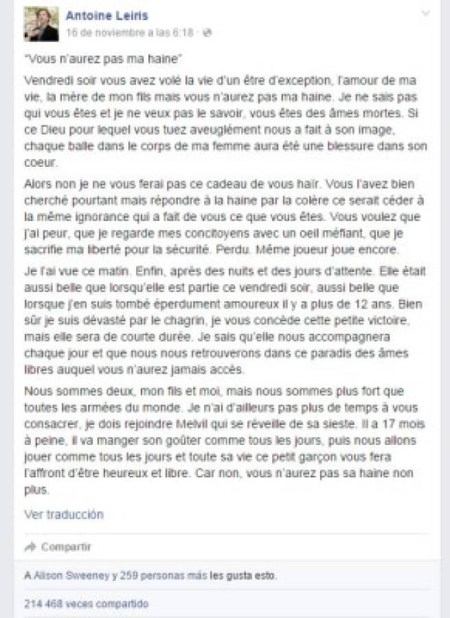 La conmovedora carta de un padre que perdió a su esposa en el atentado en París