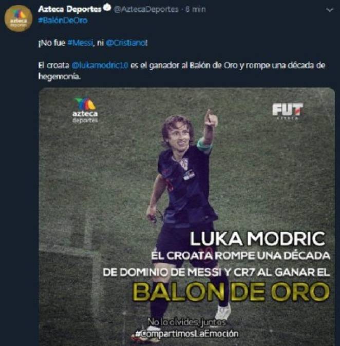 Reacciones en Twitter tras el nombramiento de Luka Modric como Balón de Oro