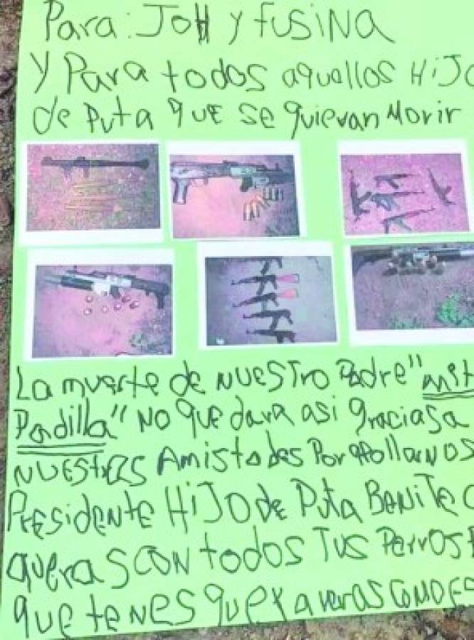 Esta es una nota donde la banda amenaza al presidente Juan Orlando Hernández.