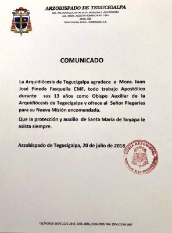 Arquidiócesis de Tegucigalpa se pronuncia ante renuncia del obispo Juan José Pineda