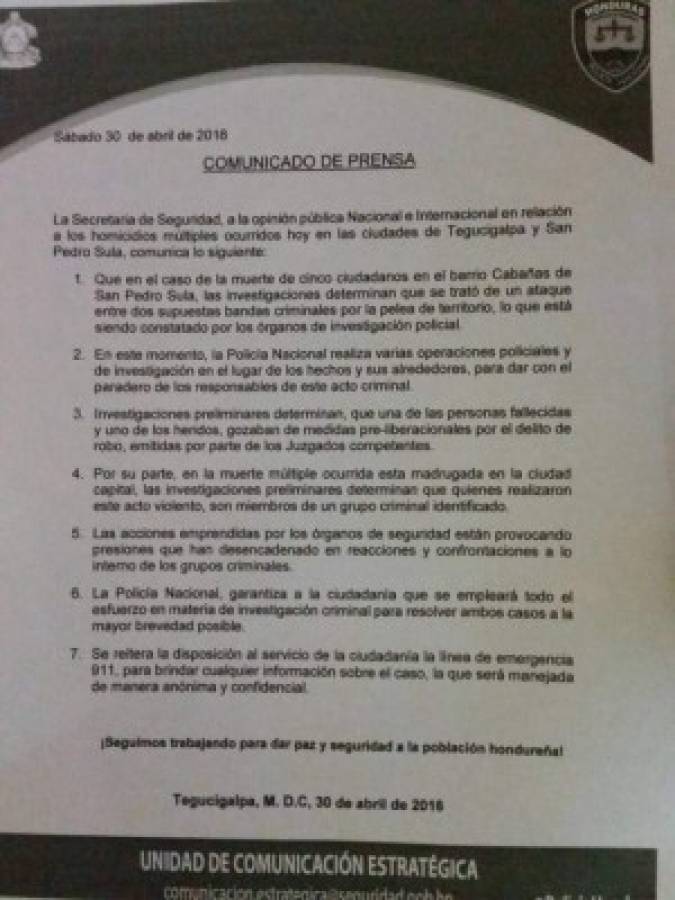 Comunicado de la Secretaría de Seguridad respecto a las muertes violentas del sábado.