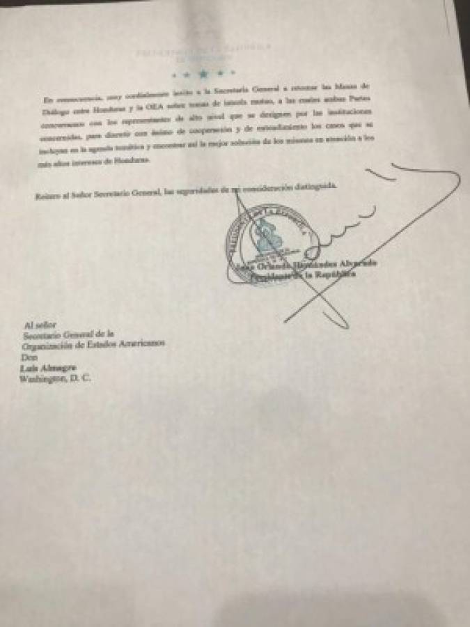 Esta es la carta que el presiente Juan Orlando Hernández le envió al secretario de la OEA.