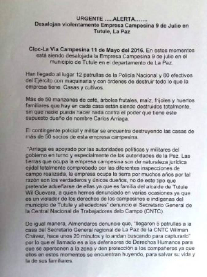 Denuncia procesos legales contra campesinos por exigir derecho a la tierra