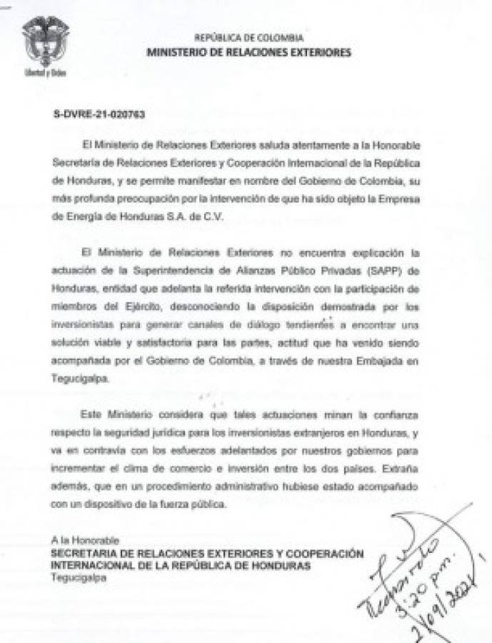 ¿Qué dice la carta que Colombia envió a Honduras por la intervención de la EEH?