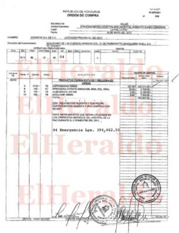 Esta orden de compra fue emitida el 18 de mayo de 2012 por una adquisición del Hospital Roberto Suazo Córdova de La Paz. Entre otras cosas se compró Azitromicina de 500 mg. a un valor unitario de L 101.95 a la empresa Corinfar.