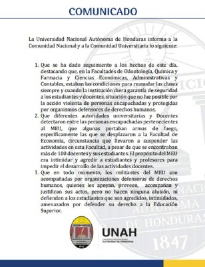 Este es el comunicado emitido este martes por la Universidad Nacional Autónoma de Honduras.