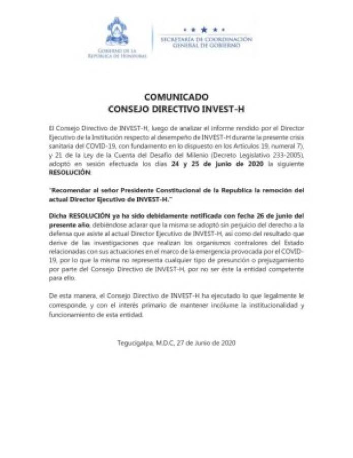 Directiva de Invest-H recomienda remociónde Marco Bográn
