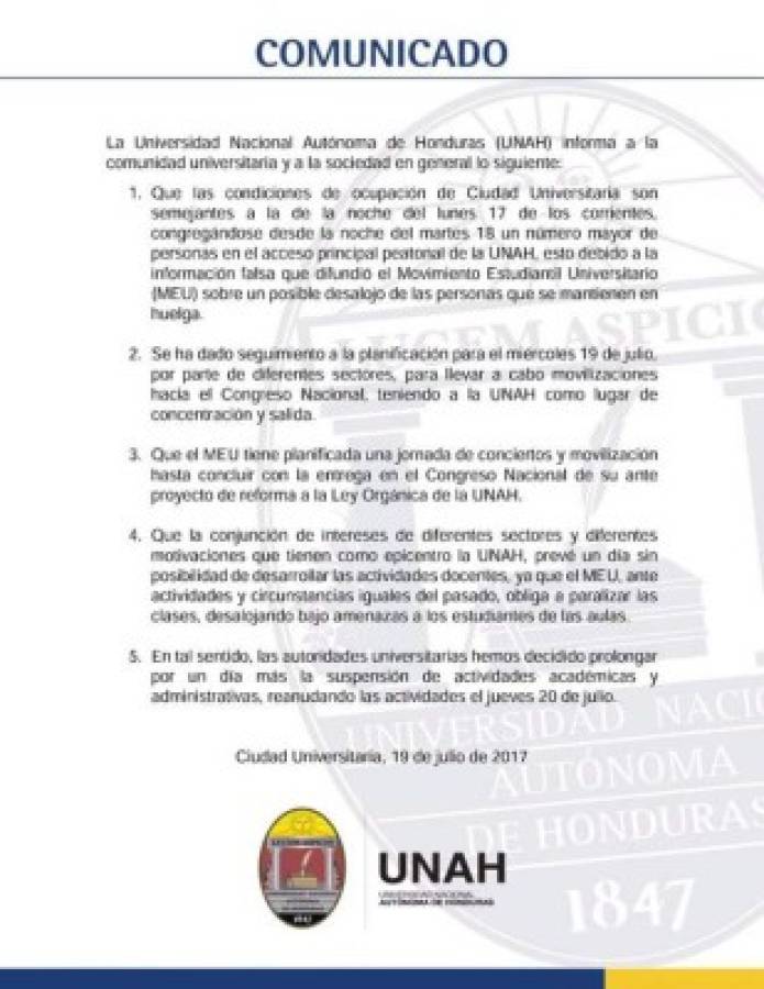 Este es el nuevo comunicado emitido este miércoles por la Universidad Nacional Autónoma.
