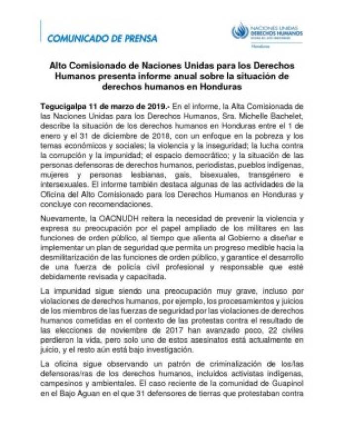 Informe anual sobre la situación de derechos humanos en Honduras de OACNUDH