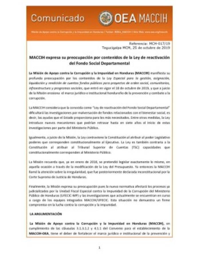 MACCIH expresa preocupación por contenidos de Ley de reactivación el Fondo Social Departamental