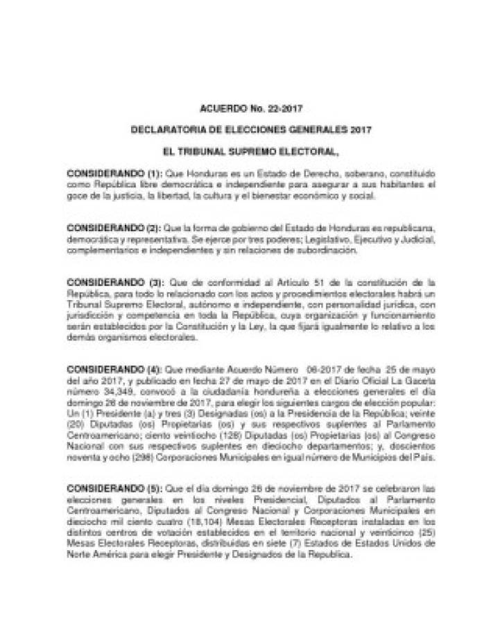 Documento: Declaración oficial del TSE de las elecciones generales 2017 en Honduras
