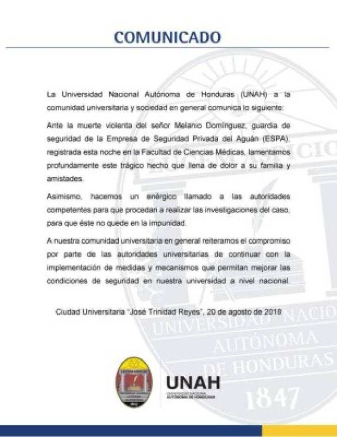 UNAH pide que el asesinato de guardia de seguridad no quede impune