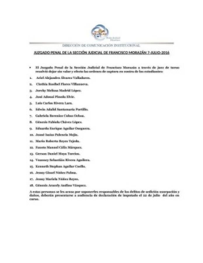 Notificación emitida por el Poder Judicial respecto a la suspensión de las órdenes de captura contra los universitarios.