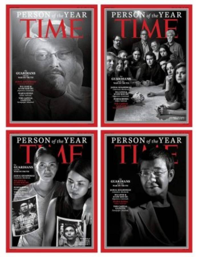 TOPSHOT - This image obtained December 11, 2018 courtesy of Time magazine shows the covers for Time magazine 'Person of the Year' December 24/December 31 2018. - Saudi journalist Jamal Khashoggi, who was murdered in October at his country's Istanbul consulate, was on December 11, 2018 named Time magazine's 'Person of the Year' alongside several other journalists. The magazine also honored Philippine journalist Maria Ressa, Reuters reporters Wa Lone and Kyaw Soe Oo -- currently imprisoned in Myanmar -- and the staff of the Capital Gazette in Annapolis, Maryland, including five members killed in a June shooting. (Photo by Moises SAMAN / TIME Inc. / AFP) / RESTRICTED TO EDITORIAL USE - MANDATORY CREDIT 'AFP PHOTO / TIME MAGAZINE/MOISES SAMAN/HANDOUT' - NO MARKETING NO ADVERTISING CAMPAIGNS - DISTRIBUTED AS A SERVICE TO CLIENTS