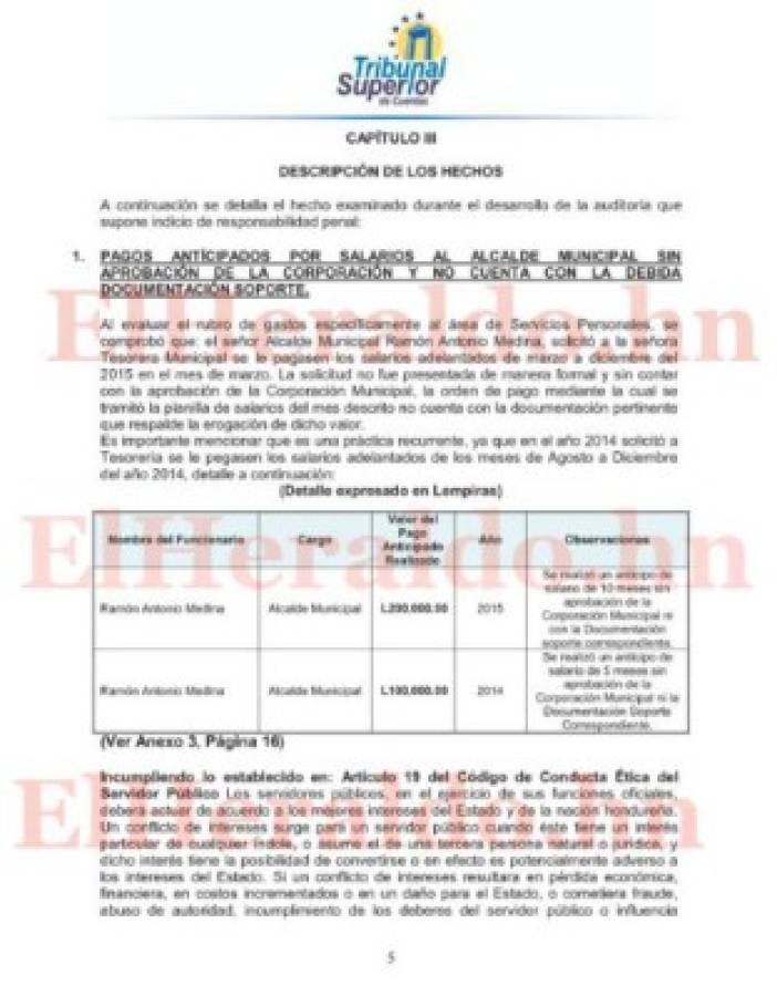 El documento detalla cómo el edil solicitó el pago anticipado de salarios sin la autorización de la corporación municipal de Aguanqueterique.
