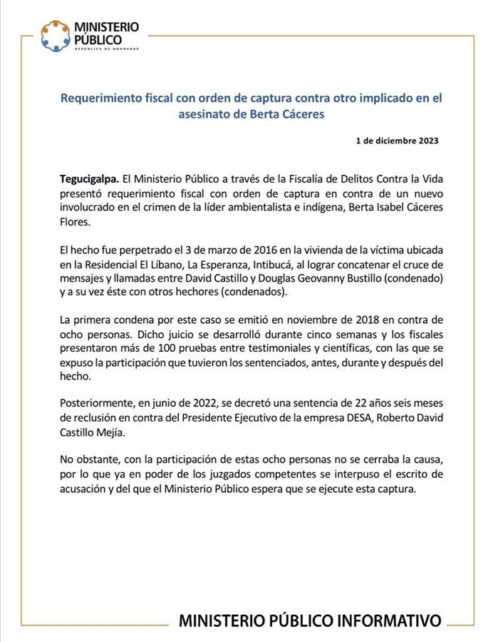 Dictan orden de captura contra otro implicado en asesinato de Berta Cáceres