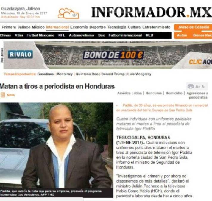 Medios internacionales destacan crimen contra el periodista hondureño Igor Padilla de HCH