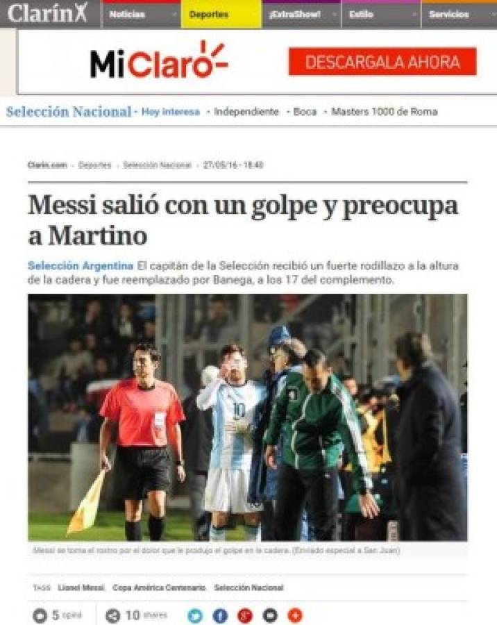 Medios argentinos se olvidan del triunfo y se preocupan por lesión de Messi