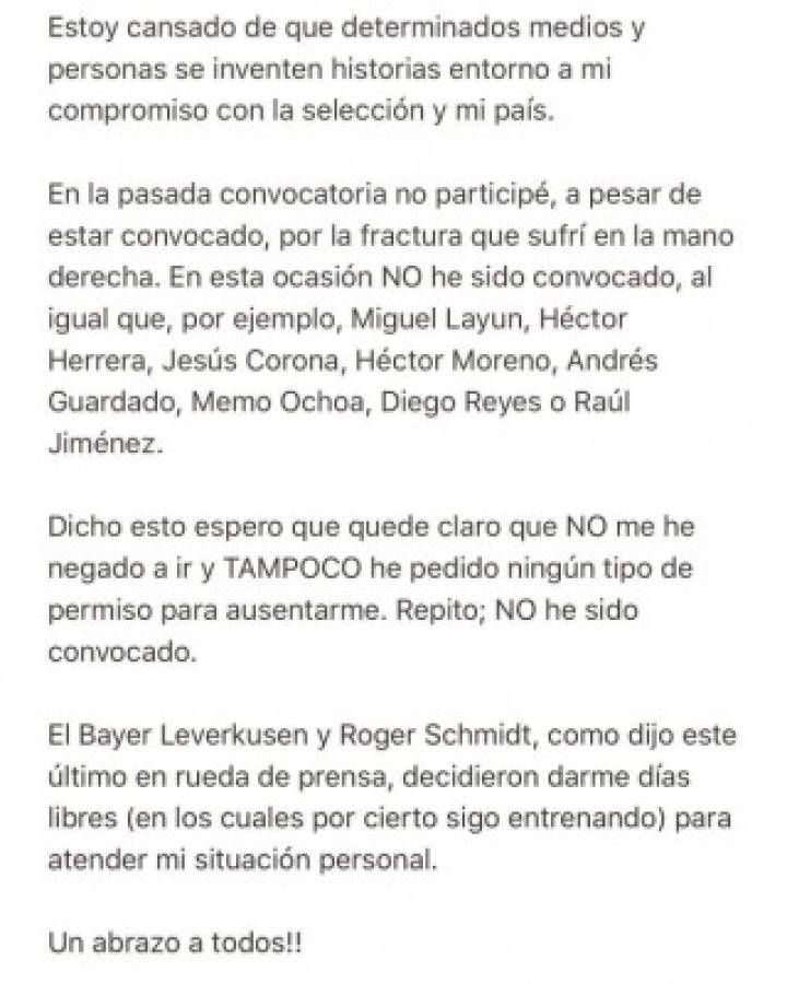 Javier 'Chicharito' Hernández reaccionó en sus redes sociales sobre las críticas por no estar con el Tri