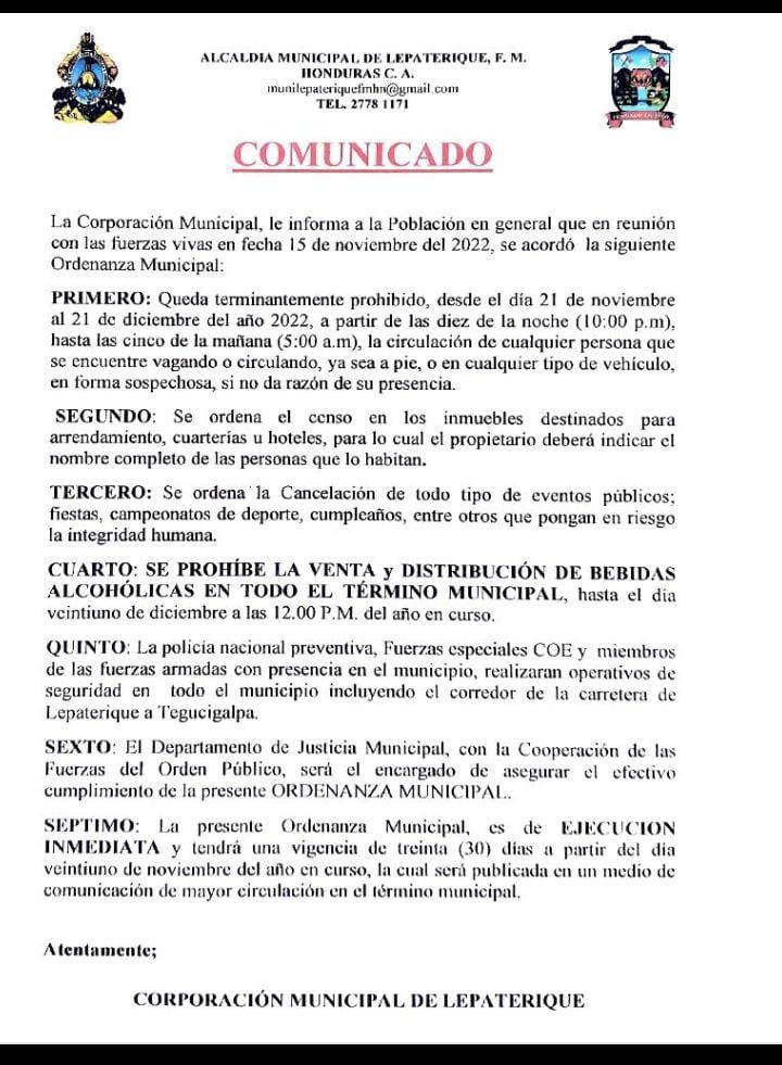 La comuna de Lepaterique emitió un comunicado anunciando las medidas.