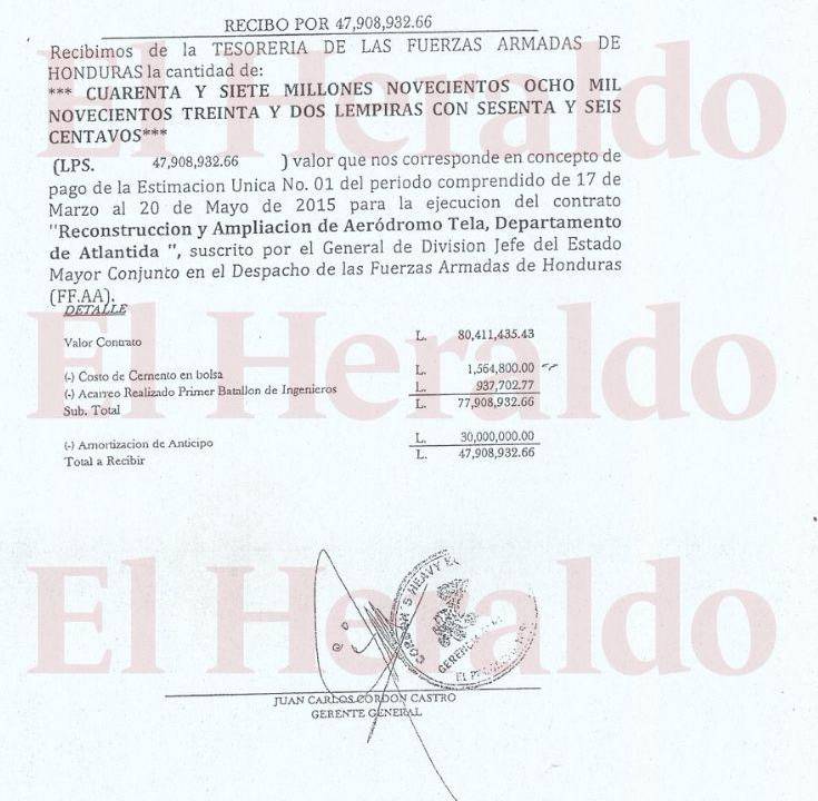 El nueve de octubre del año 2010, Fredy Díaz Zelaya y Juan Carlos Cordón Castro firmaron un adendum donde se establece que al final de la obra el contratista conciliará el valor total en lempiras del cemento entregado.