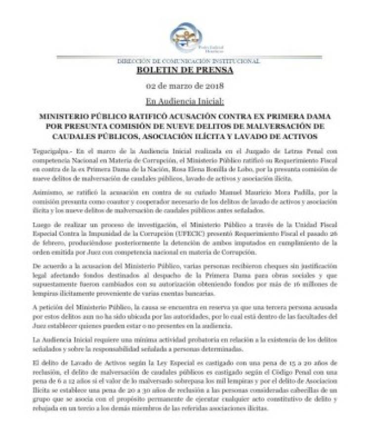 El Ministerio Público mantiene la acusación contra Rosa Elena de Lobo y su cuñado.