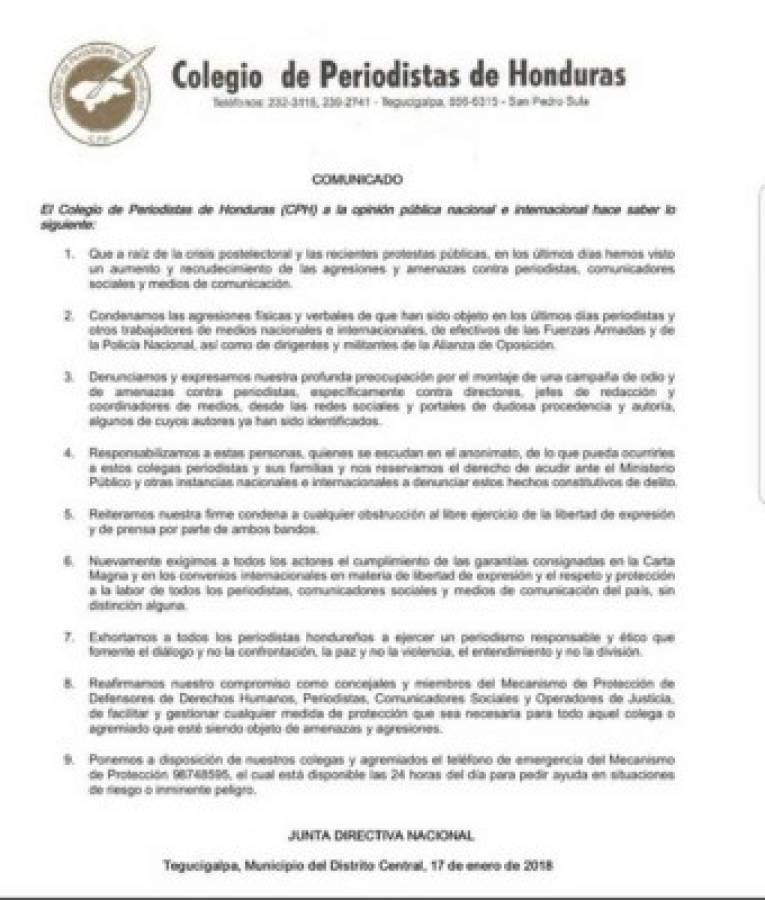 Colegio de Periodistas de Honduras denuncia amenazas por parte de aliados de la Alianza