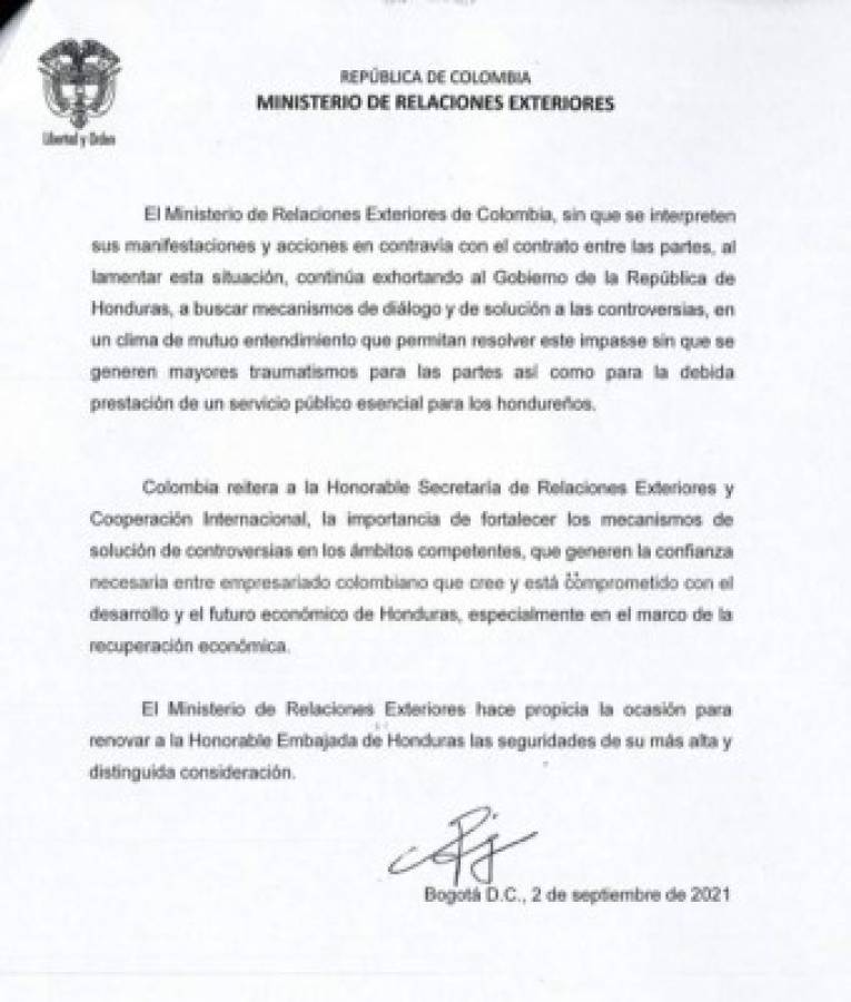 ¿Qué dice la carta que Colombia envió a Honduras por la intervención de la EEH?