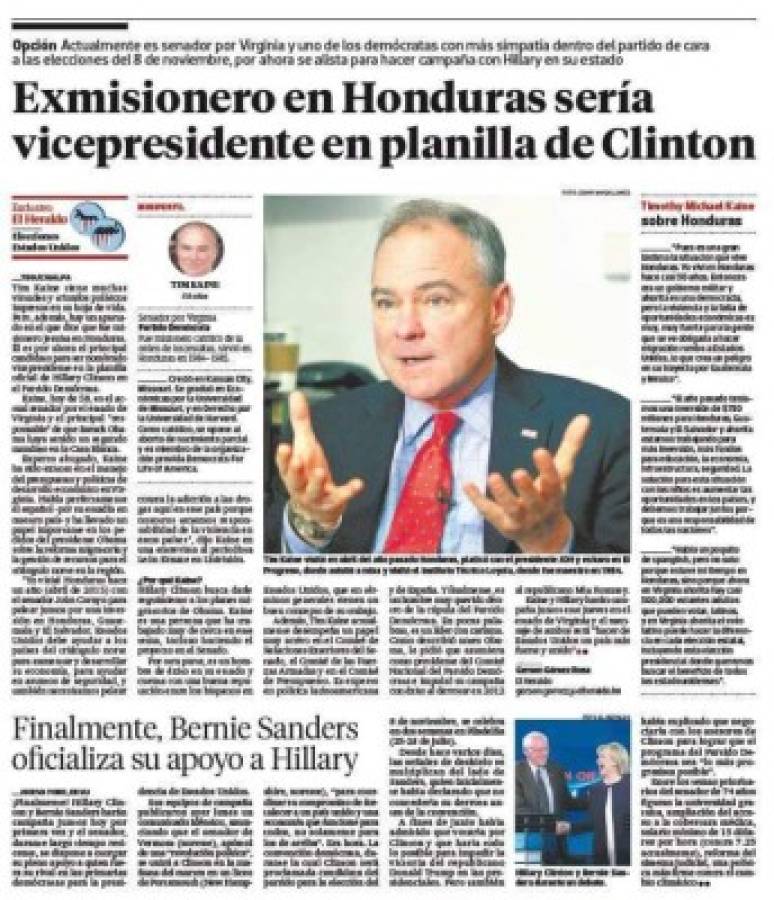 Honduras cambió la vida de Tim Kaine, el vicepresidente de Hillary Clinton
